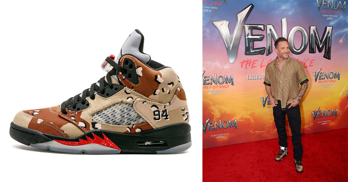 Tom Hardy wears rare Supreme x Air Jordan 5 'Desert Camo' at NYC